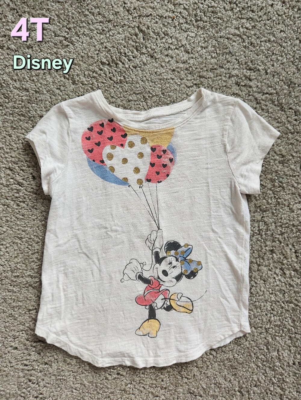 Disney Minnie Mouse Girls Casual Cream Tee w/ Colorful Balloon Graphic - 4T